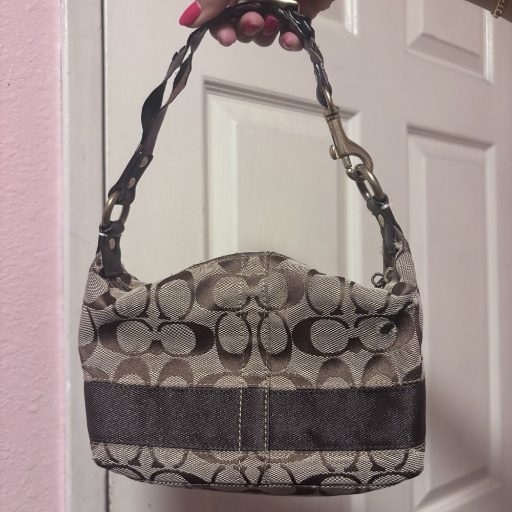 FLAWED Vtg Coach Signature Mini Baguette Brown Canvas Shoulder Bag Gold Accent